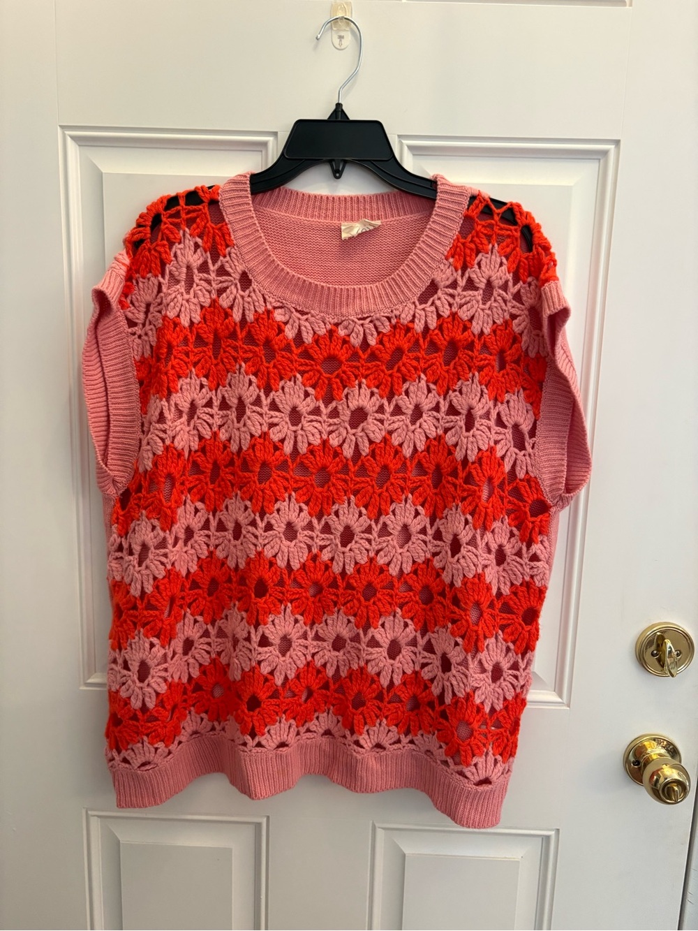BiBi Pink and Red Floral Crochet Knit Sweater Vest
